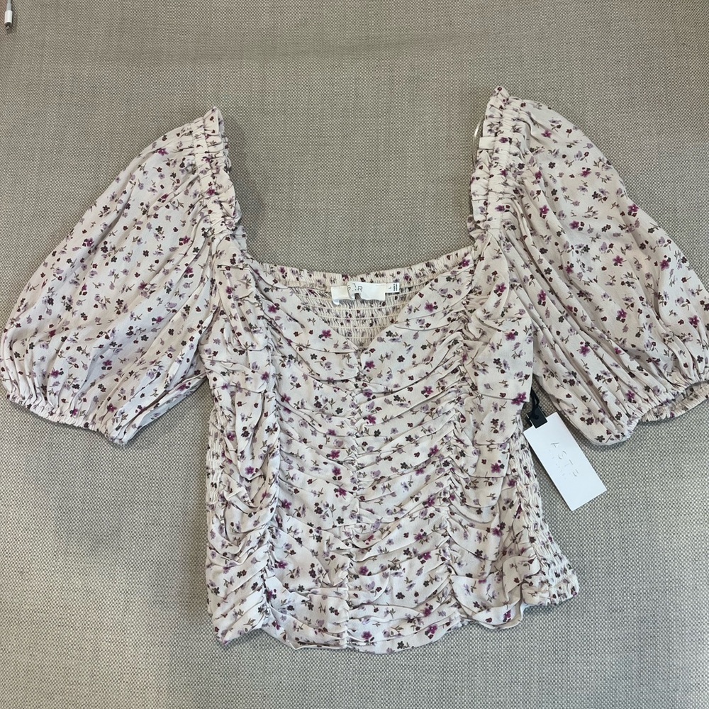 Astr Floral Ruched Puff Sleeve Blouse